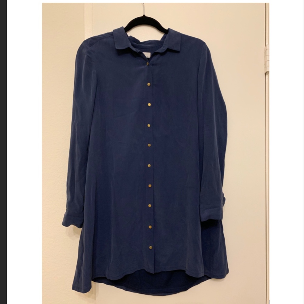 Sezane navy silky shirt dress